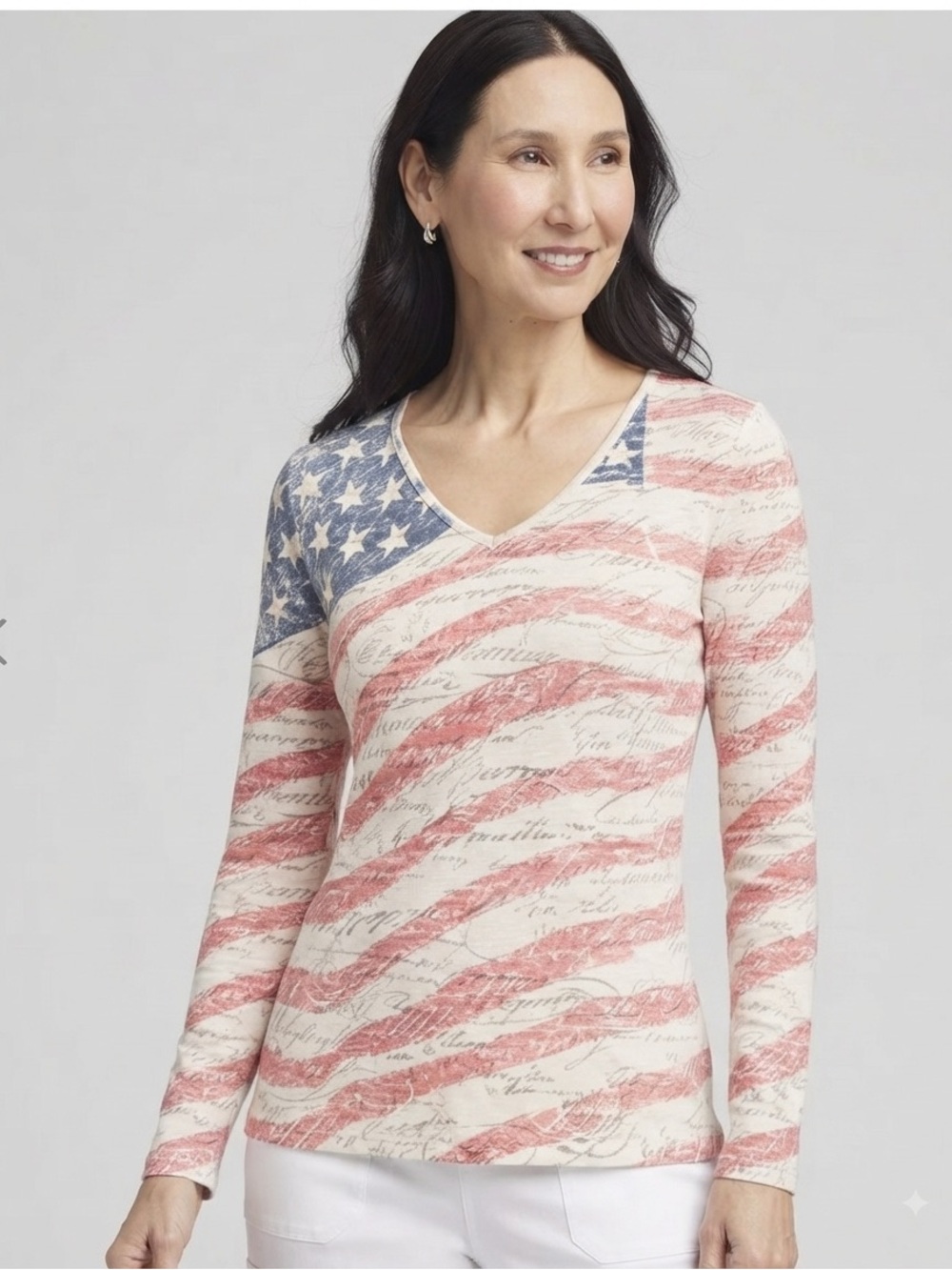Vintage 90s Chico's Design Americana Flag Script Print Cotton Top / Size 1 Med